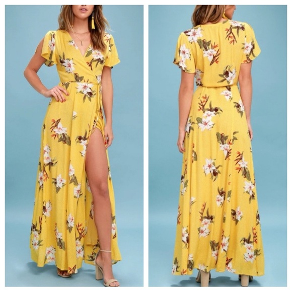 Heart of Marigold Yellow Tropical Print Wrap Maxi Dress 45064 - Picture 1 of 13